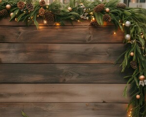 Warm rustic-modern wooden background with pine greenery and string lights forming a festive top border, perfect for holiday cards and decor layouts.