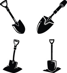 Four Shovel Silhouette Icons Vector &mdash; Black Spades and Digging Tools for Gardening, Landscaping, Construction, Outdoor Work, Labor Symbols, and Excavation Design Elements