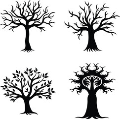 Four Decorative Tree Silhouette Icons: Black Vector Drawings of Bare and Leafy Trees for Nature, Forest, Logo Design, and Organic/Gothic Elements