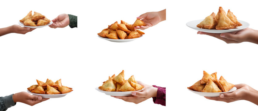 Plate of deep fried samosas snacks isolated.