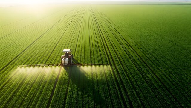 Modern Tractor Spraying Crops on Green Farmland at Sunrise

Agricultural Machinery Working in Vast Green Field

Aerial View of Tractor Spraying Pesticide on Crop Field

Precision Farming Technology in - Powered by Adobe