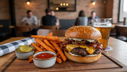 Delicious Burger with Sweet Potato Fries.