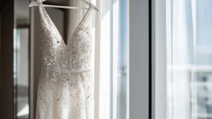 Elegant bridal gown hanging by a window in bright light
