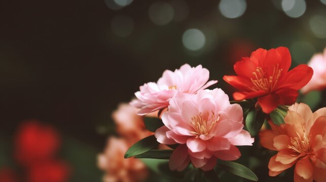Beautiful close-up of vibrant pink and red flowers against a soft blurred background featuring gentle bokeh lights, ideal for nature and floral themes