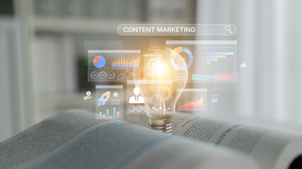 Content marketing interface with data dashboards, analytics charts, and content tools. Marketing...