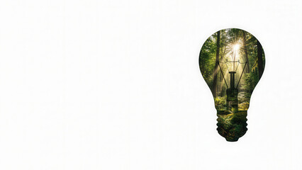 Creative double exposure silhouettes of human head with solar panels, light bulb with forest, and car with green jungle. Renewable energy, eco-friendly innovation, and smart thinking concept.