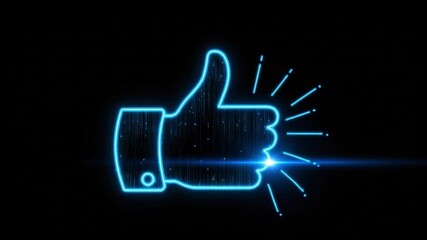 Neon blue thumbs up icon with digital circuit effect on black motion animated video 4k - Powered by Adobe