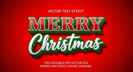 Merry christmas vector text effect with a glossy red and green 3d style, perfect for holiday greetings, banners, cards, and festive designs