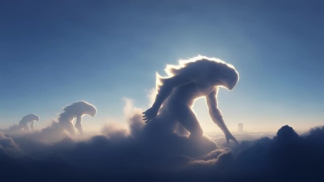 Experience giants descending through clouds in an ethereal, dramatic fantasy world, a thrilling and awe-inspiring scene