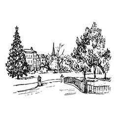 Black and White Ink Drawing of a Decorated Christmas Tree and Town. Hand-drawn Winter City Park Illustration