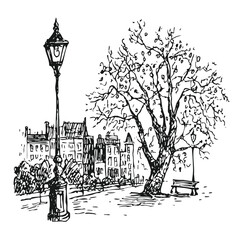 Black and White Ink Drawing of a Street Lamp and Old Town View. Hand-drawn European City Park Scene Sketch.