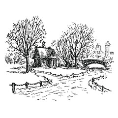 Black and White Ink Drawing of a Park House and Bridge in Winter. Hand-drawn Cityscape View with Skyscrapers Sketch.