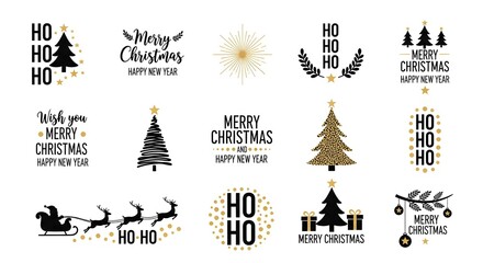Christmas and new year elements trees, santas sleigh, ho ho ho text, and merry christmas greetings in black and gold, isolated on white background