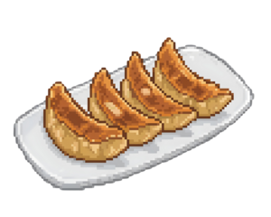 Pixel Art Gyoza Dumplings on a White Plate Keywords: gyoza, dumplings, pixel art, food, japanese food isolated on a transparent background