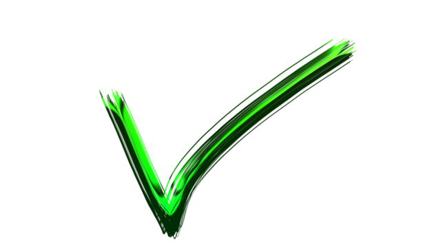 Green check mark painted with brush strokes isolated on transparent background hand drawn tick sign in grunge style approval symbol vector illustration