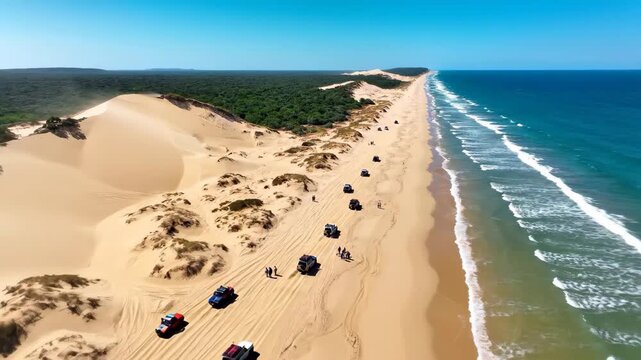 Thrilling off road adventure video showing a convoy of 4x4 vehicles driving along a stunning ocean beach and sand dunes on a sunny summer day