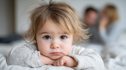 ad girl baby looking elsewhere with resting her chin on hands while parent arguing behind