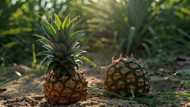 Two Ripe Pineapples Resting on Sunlit Soil Among Lush Garden Foliage