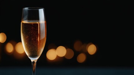 Elegant glass of champagne on a dark background with sparkling bubbles and soft bokeh lights for celebration and festive occasions