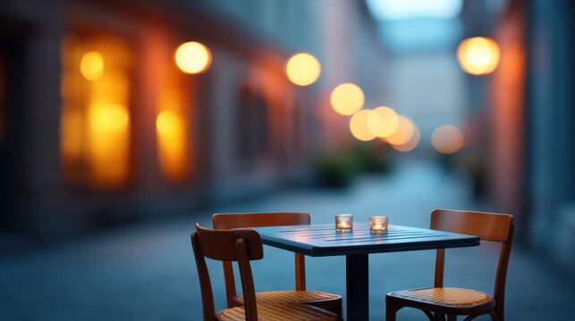 Cozy Outdoor Dining Area with Soft Lights in a Quaint Alleyway Ideal for Romantic Evenings and Intimate Gatherings - Powered by Adobe
