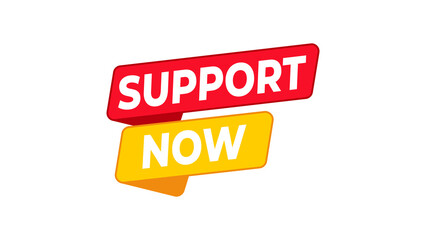 Support now bold text banner, vibrant red and yellow graphic design, isolated call to action for help, aid, and donation campaigns. isolated on transparent background