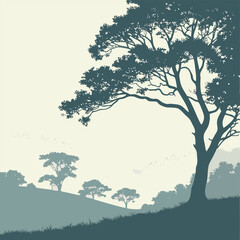 African Savannah Landscape Silhouette with Large Acacia Tree and Distant Hills vector illustration
