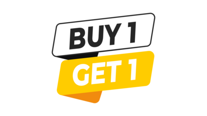 Buy 1 Get 1 promotional yellow badge highlighting special offers, retail deals, limited-time sales, and product bundles aimed at boosting conversions and customer attraction.