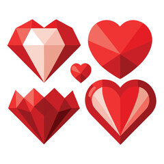Assortment of red faceted hearts and a diamond shape on white background red hearts geometric heart