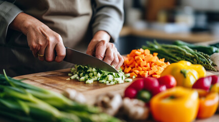 Close-up of hands chopping vegetables for family meals, warm kitchen atmosphere, fresh ingredients and home cooking,