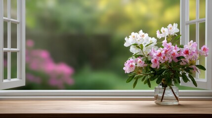 Fototapeta premium Beautiful vibrant flowers in a clear vase on a wooden windowsill against a soft blurred green and pink garden background in natural light