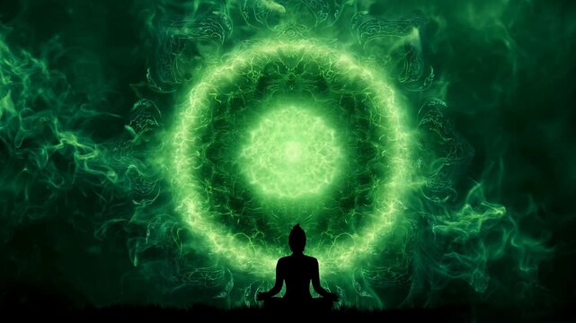 heart chakra meditation silhouette. activation of 4th chakra anahata with green lotus radiating light and smoke