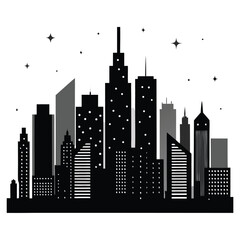 Black and grey city skyline silhouette with stars and dots on a white background buildings skyscrapers