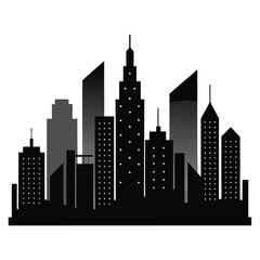 Black and grey silhouette of a city skyline with buildings and windows on a white background skyscrapers