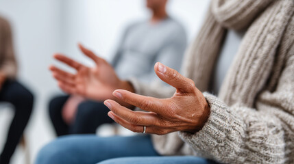 Close-up of a person participating in a support group or therapy session, hands and gestures expressing emotion, warm and empathetic setting, 