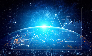 This captivating image showcases a glowing earth surrounded by a dynamic data visualization representing financial trends, analytics, and technology against a starry background. Scalp