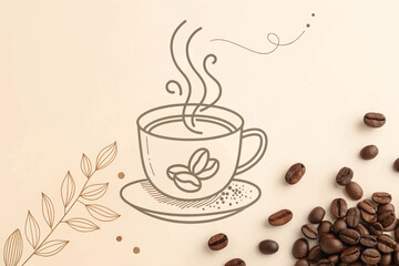 Obraz premium Hand-Drawn Coffee Cup with Real Beans and Leaves ? Warm Minimalist Caf? Aesthetic.eps