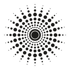Black and white radial pattern of concentric circles and dots on a white background Keywords: radial pattern, circular pattern, geometric pattern