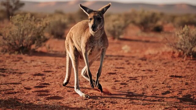 A kangaroo hopping across a vast, arid red desert landscape under a bright sky.