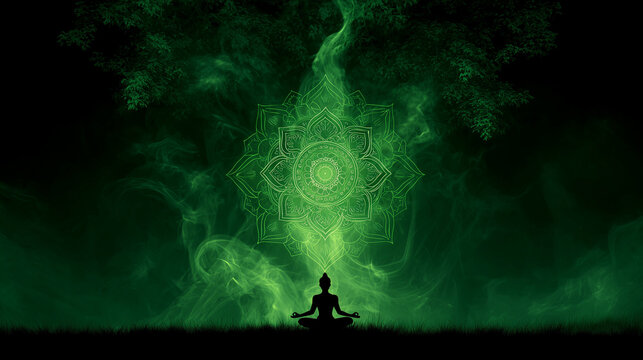 heart chakra meditation silhouette. activation of 4th chakra anahata with green lotus radiating light and smoke