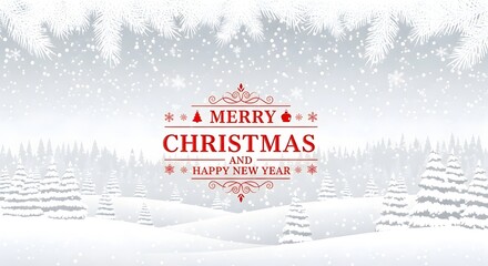 Merry christmas and happy new year greeting card design with a beautiful winter landscape, snowcovered pine trees, and falling snowflakes for holiday season
