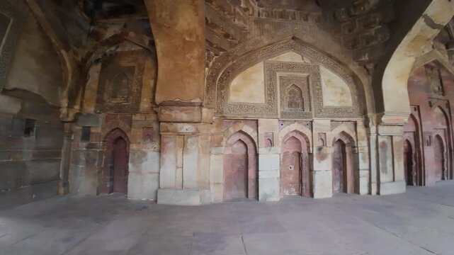 Interior Perspective of the Bara Gumbad (Great Dome) Mosque, Capturing the Vaulted Ceiling, Intricate Plasterwork, and Islamic Calligraphy