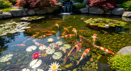 Colorful koi fish swimming in serene pond with lily pads and waterfall  