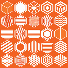 Collection of white hexagonal geometric shapes with various patterns on orange background abstract black