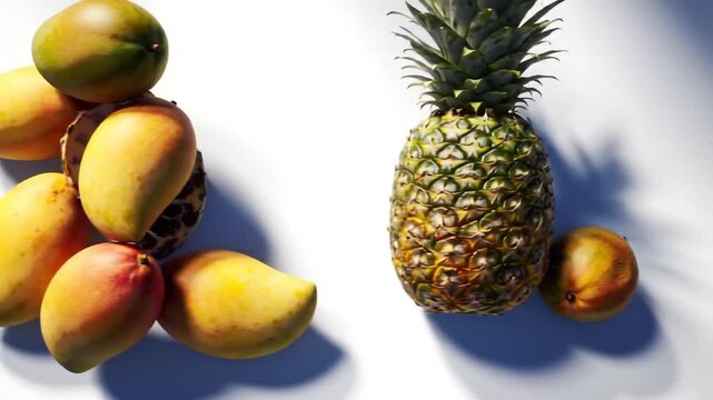 A vibrant still life showcasing tropical fruit against a white backdrop with a strong directional light