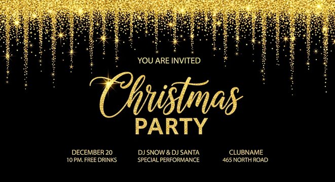 Elegant christmas party invitation banner with golden glitter falling on a black background, featuring festive typography and event details