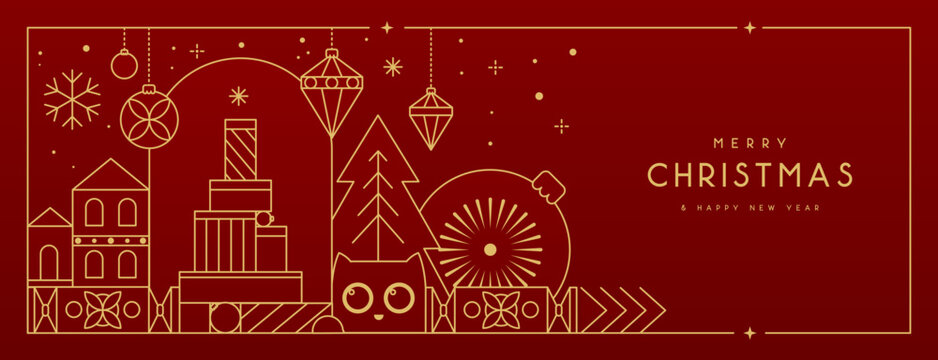 Line art Christmas holiday greeting card with funny cat on red background. Vector illustration