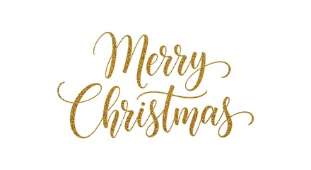 Golden glitter merry christmas text, elegant calligraphic lettering for festive holiday greeting cards and seasonal decorations, isolated on white background