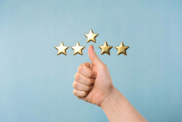 Happy hand giving thumbs up gesture below five golden stars on a blue background, representing excellent customer service and top quality rating.