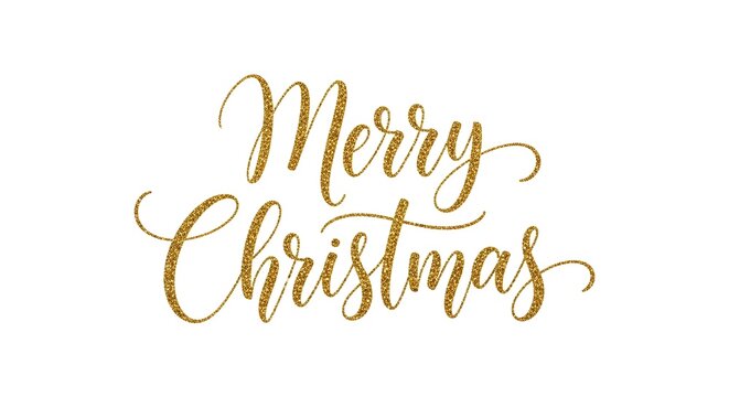 Golden glitter merry christmas text, elegant calligraphic lettering for festive holiday greeting cards and seasonal decorations, isolated on white background