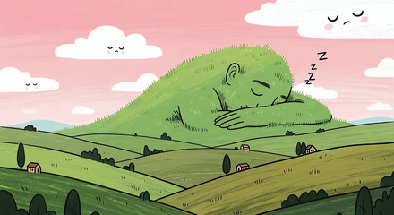 Whimsical illustration of a sleeping moss-covered giant blending into rolling green hills under a peaceful pink sky with sad clouds, depicting tranquil slumber.